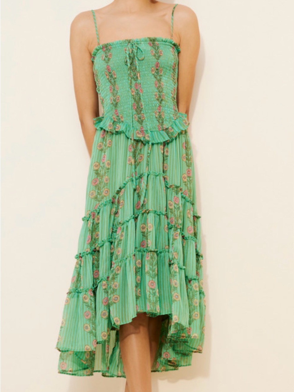 Free People Green Floral Smocked High-Low Midi Dress